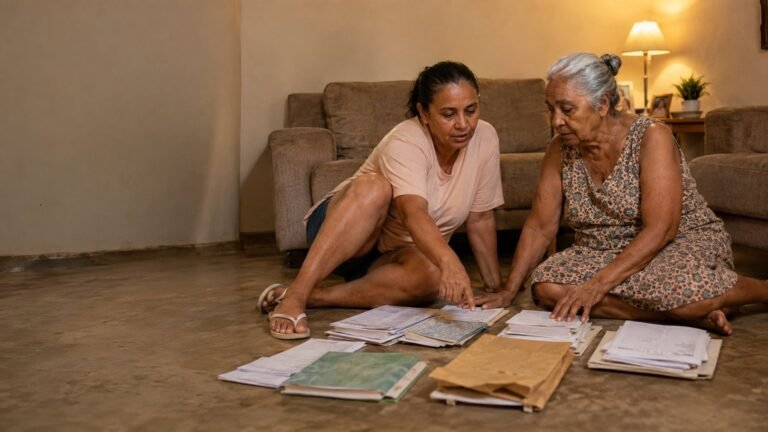 Mãe e filha sentadas no chão da sala reunindo documentos para recorrer do BPC negado