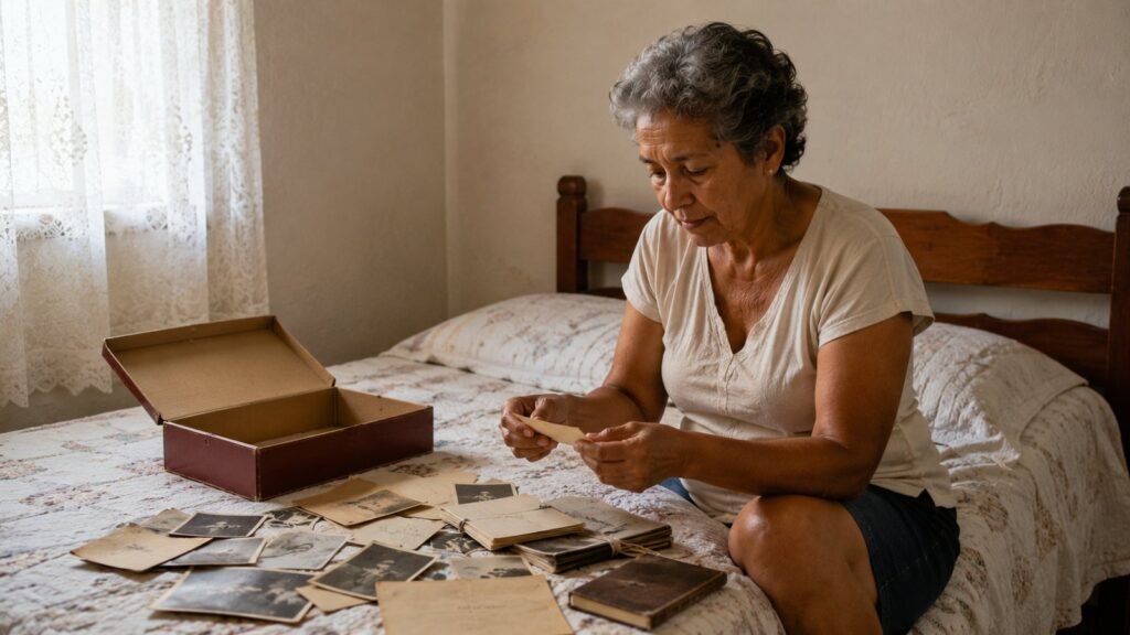 Mulher separando fotografias antigas de uma caixa sobre a cama
