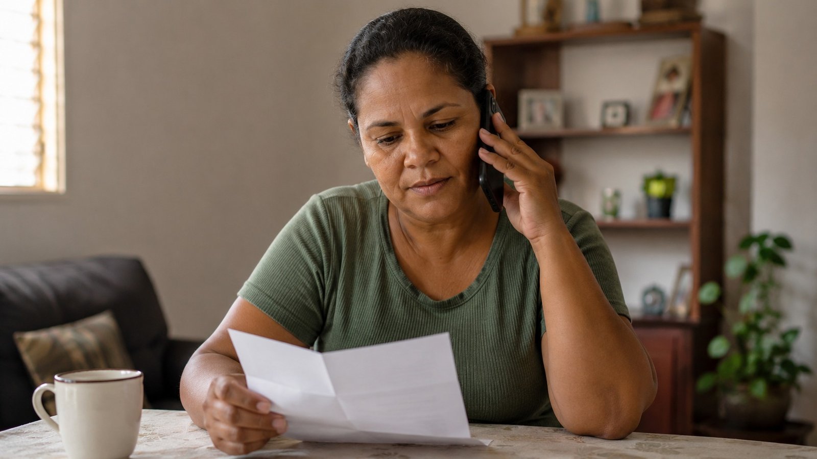 Pessoa afastada por doença ao telefone com exames sobre a mesa, primeira conversa sobre auxílio-doença acontecendo a distância