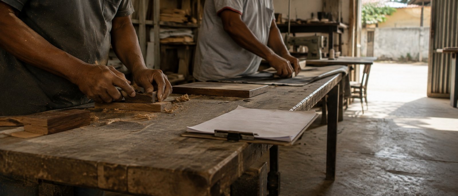 Bancada de trabalho de uma pequena marcenaria em produção, apoio jurídico a empresas em Teresina, PI